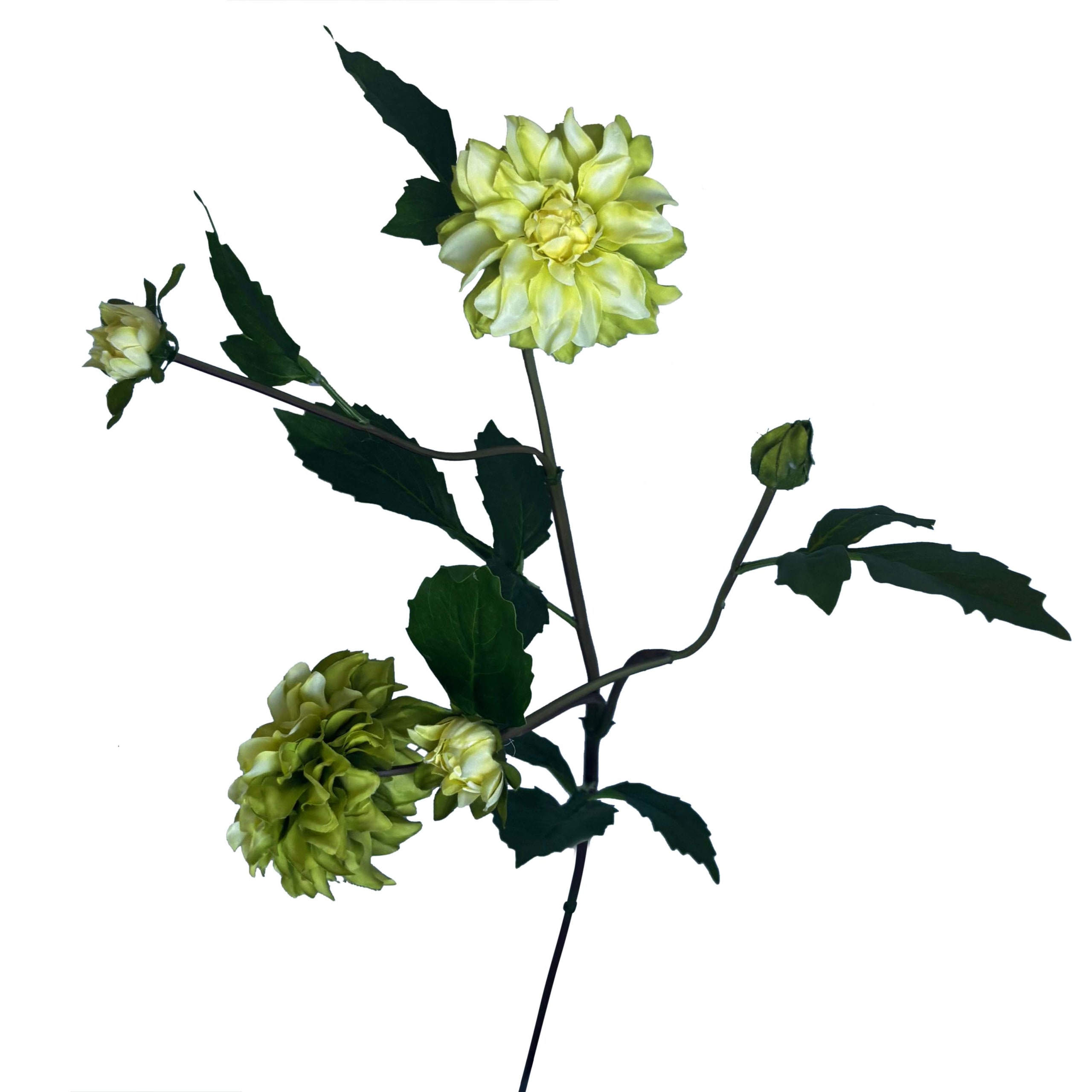 Detail van een dahlia kunstbloem 73cm geel groen meerdere bloemen zijden bloem FlowerDutchess
