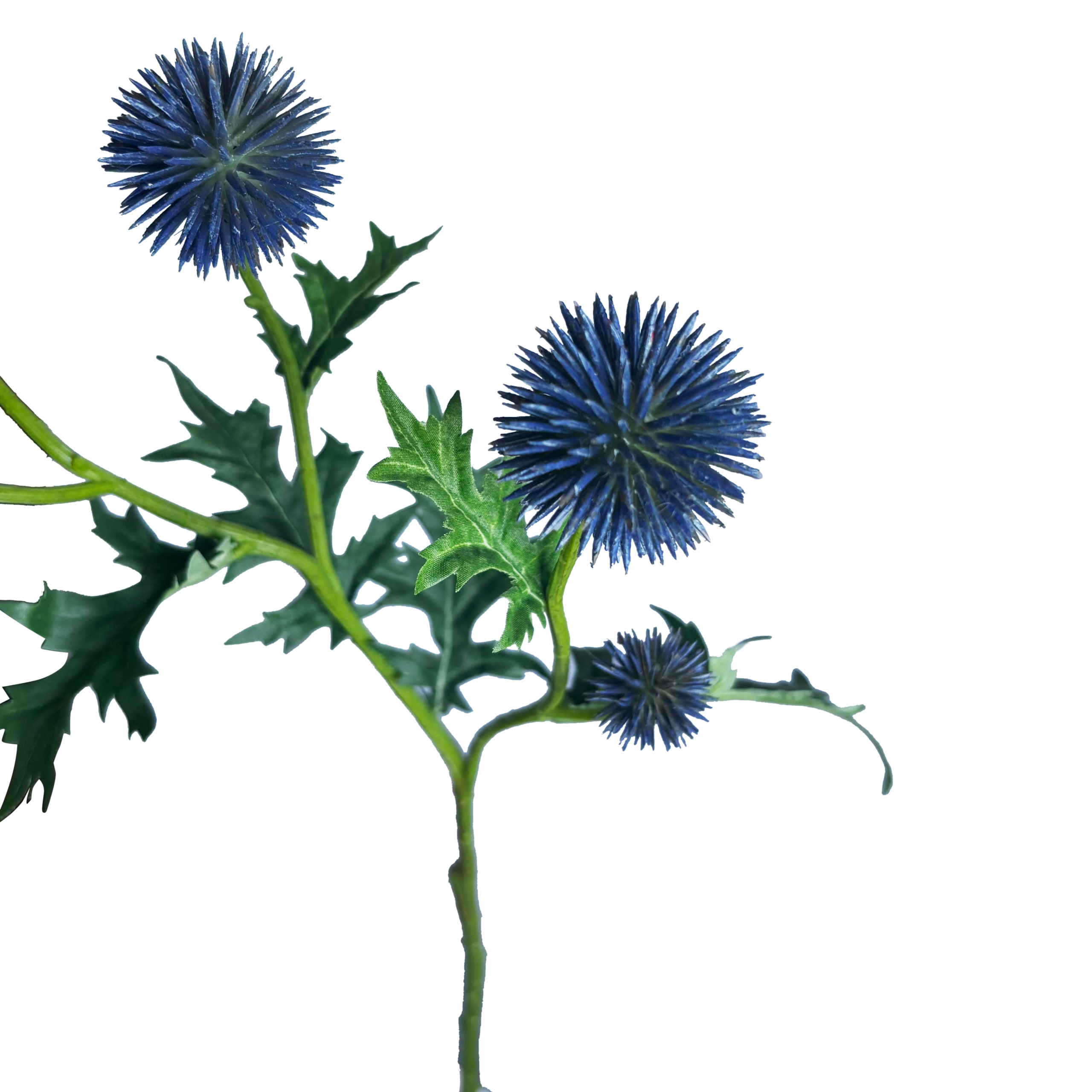 Kunstbloem distel blauw close-up FlowerDutchess met stekelige bloemen en groene bladeren