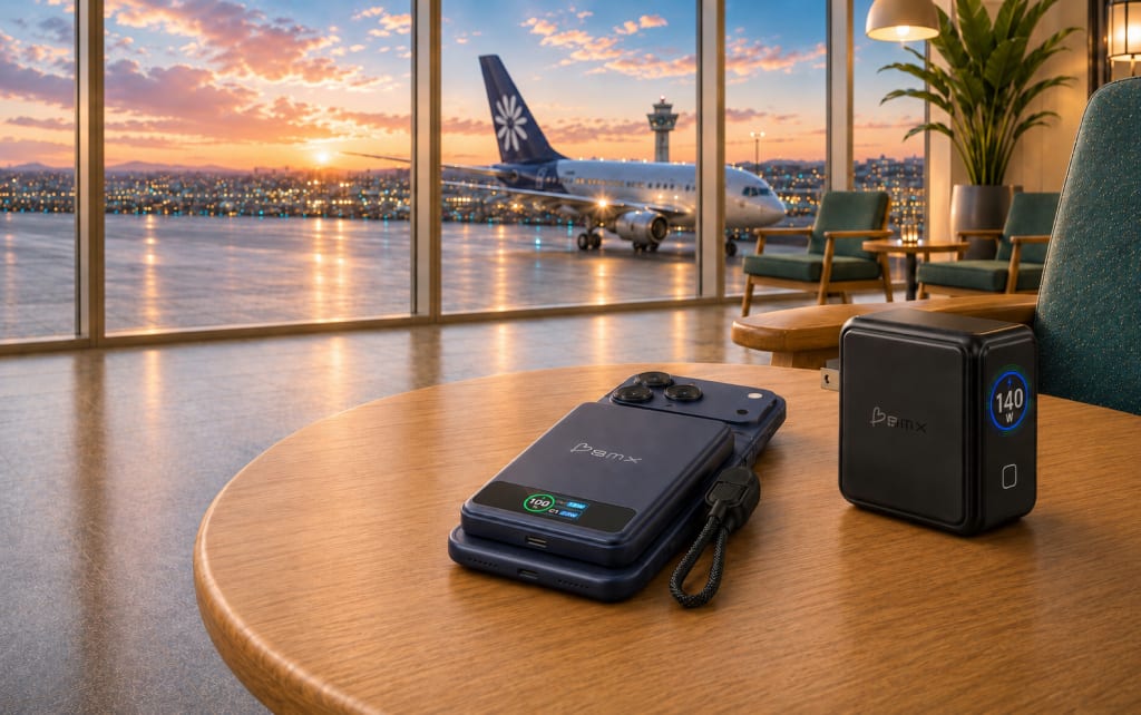 BMX travel charging kit in an airport lounge