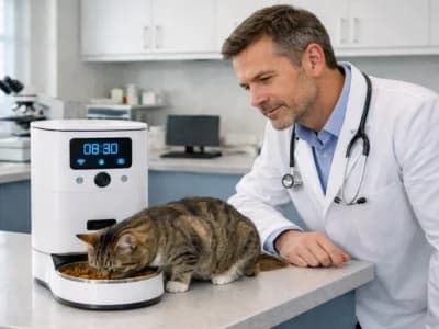 veterinario mirando a gato en comedero autómatico