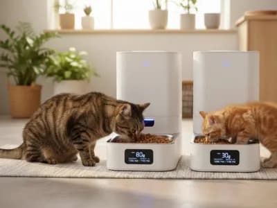 gato adulto y un gatito comiendo en comederos automáticos