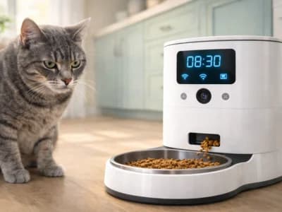 gato observando con expresión desconfiada un comedero inteligente moderno