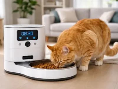 Gato comiendo de un comedero automático inteligente para gatos en casa