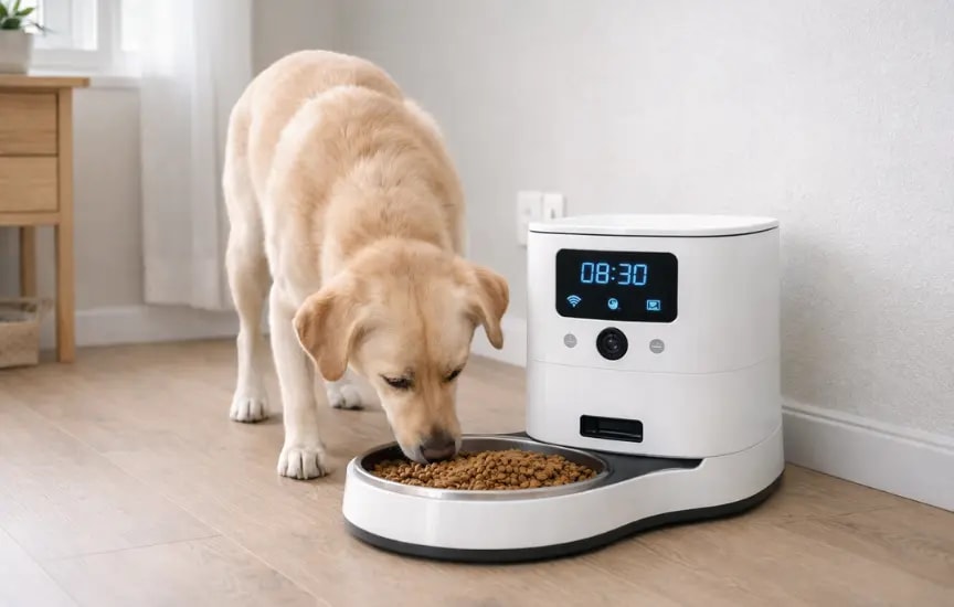 perro labrador comiendo en el mejor comedero automático 2026