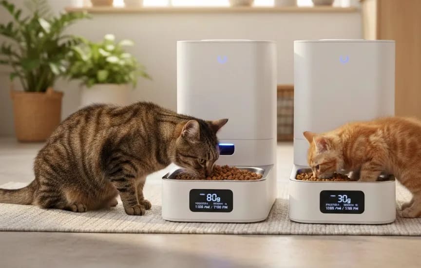 gato adulto y un gatito comiendo en comederos automáticos