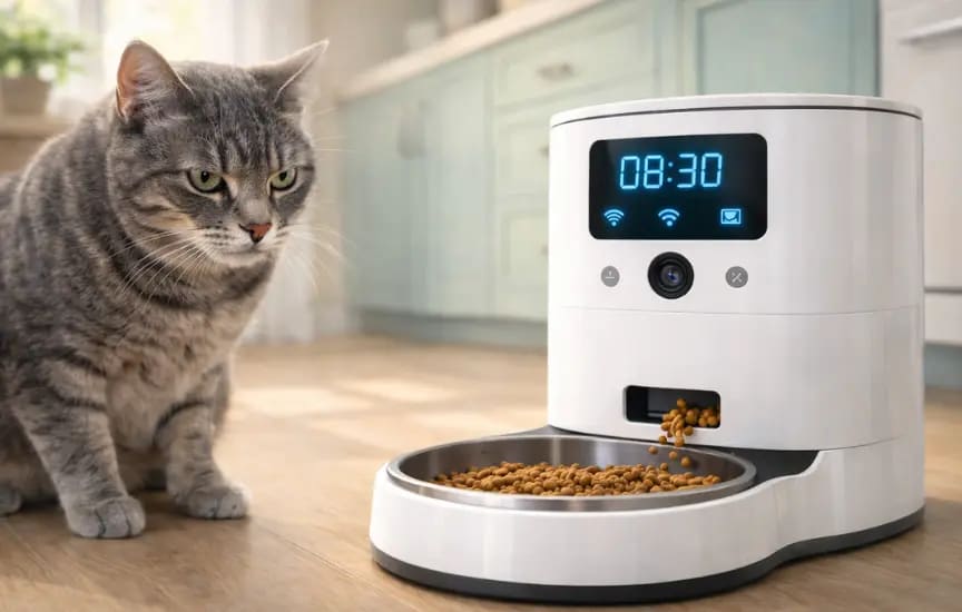 gato observando con expresión desconfiada un comedero inteligente moderno