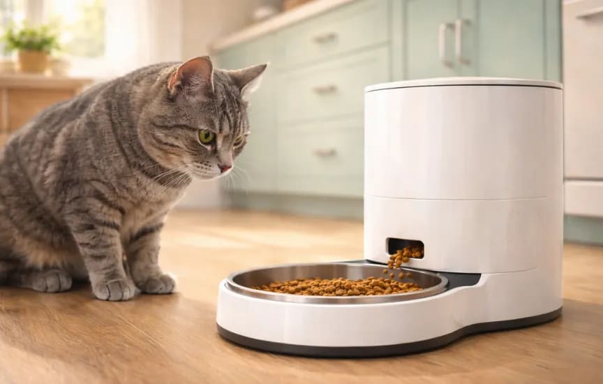 gato observando comedero automático