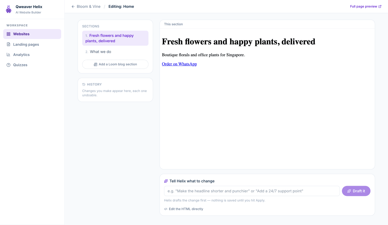 Edit any section by prompt. Helix drafts the change before it goes live