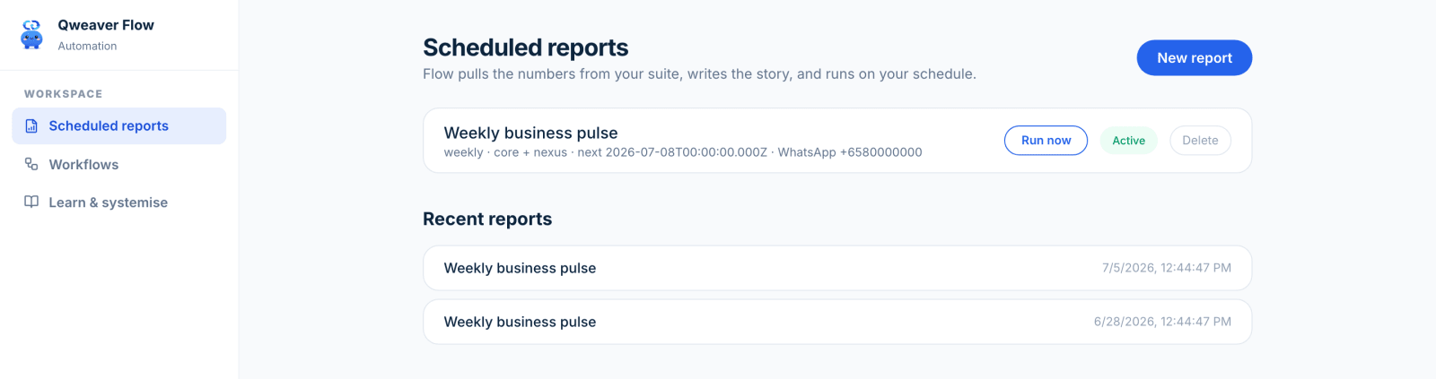 Scheduled reports that write themselves and land on your WhatsApp