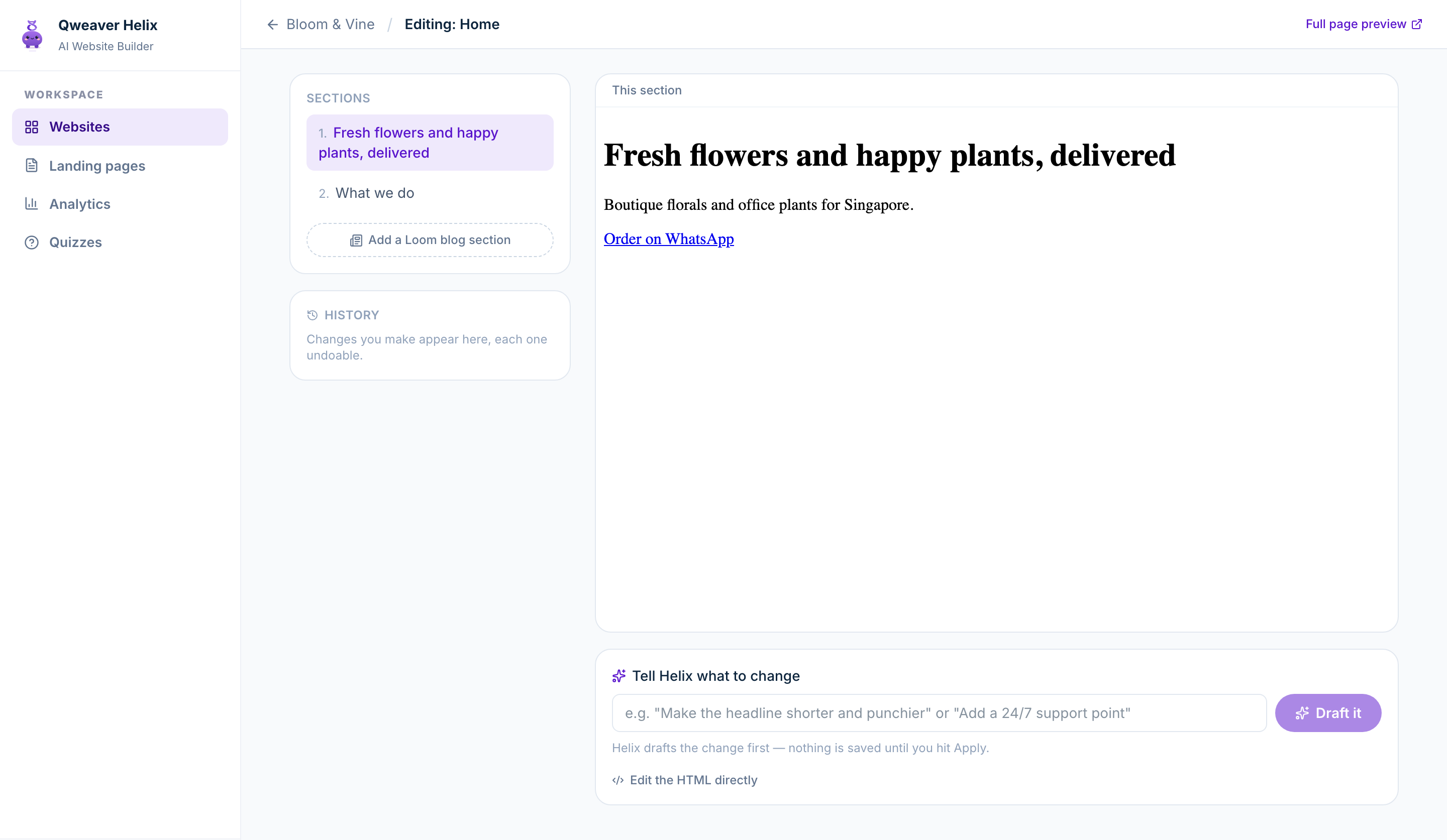 Edit any section by prompt. Helix drafts the change before it goes live