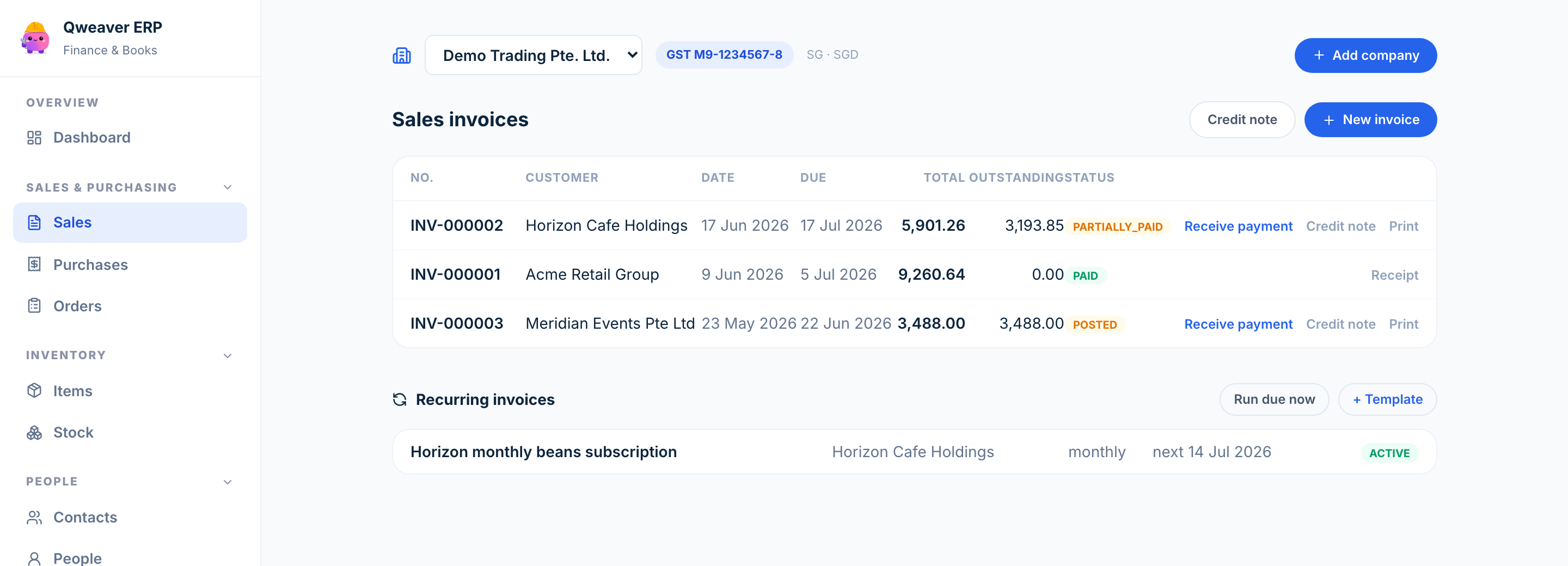 Invoices, credit notes and recurring billing, posted straight to the ledger