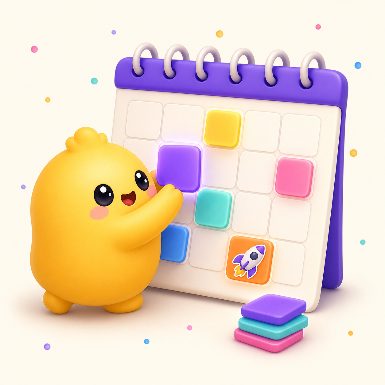 A Qweaver mascot placing colourful posts onto a weekly calendar.