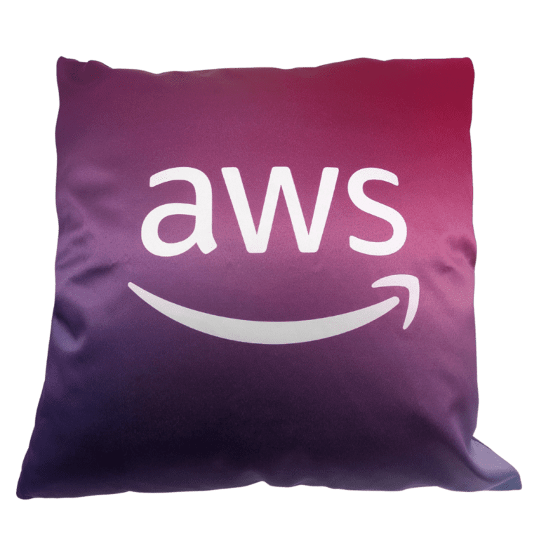 AWS logo decorative cushion in vibrant purple and pink for modern office or home decor.