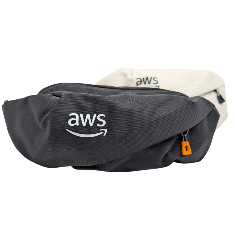 Sleek AWS bags in gray and cream for stylish corporate gifts and tech-savvy professionals.