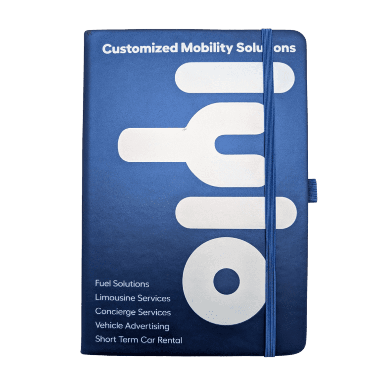 Professional notebook featuring customized mobility solutions for corporate clients and services.