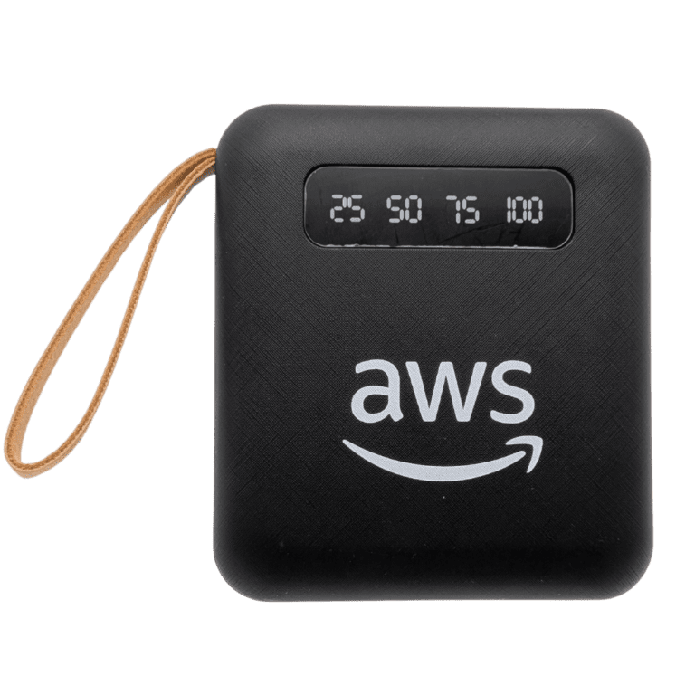 Stylish AWS portable charger with digital display, leather strap, ideal for tech-savvy users.