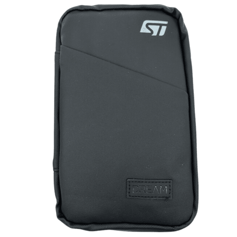 Sleek black tech organizer case with embossed logo for durable protection and style.