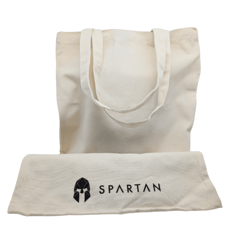 Cream cotton tote bag with Spartan logo and matching pouch for stylish, functional gifting.