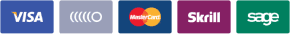 Secure payment options: Visa, Mastercard, contactless, Skrill, and Sage for diverse transactions.