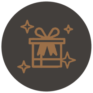 Festive golden-brown gift box with ribbon, surrounded by sparkles, perfect for celebrations and holidays.