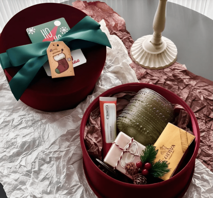 Luxurious holiday gift box with pampering self-care items and festive decor for thoughtful gifting.