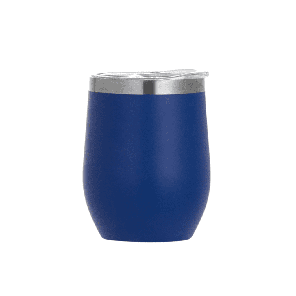 Sleek navy insulated tumbler with stainless steel rim for hot and cold beverages on the go.