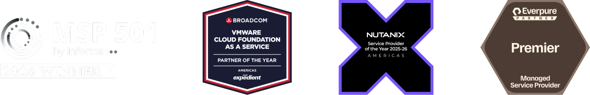 Expedient awards and accolades: MSP 501, Broadcom VMware Cloud Foundation Partner of the Year, Nutanix Service Provider of the Year, Everpure Premier Managed Service Provider