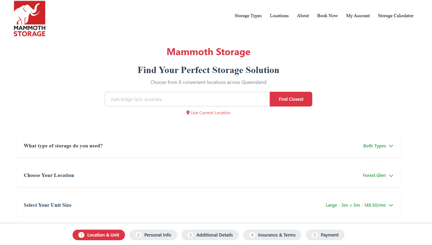 Mammoth Storage website screenshot