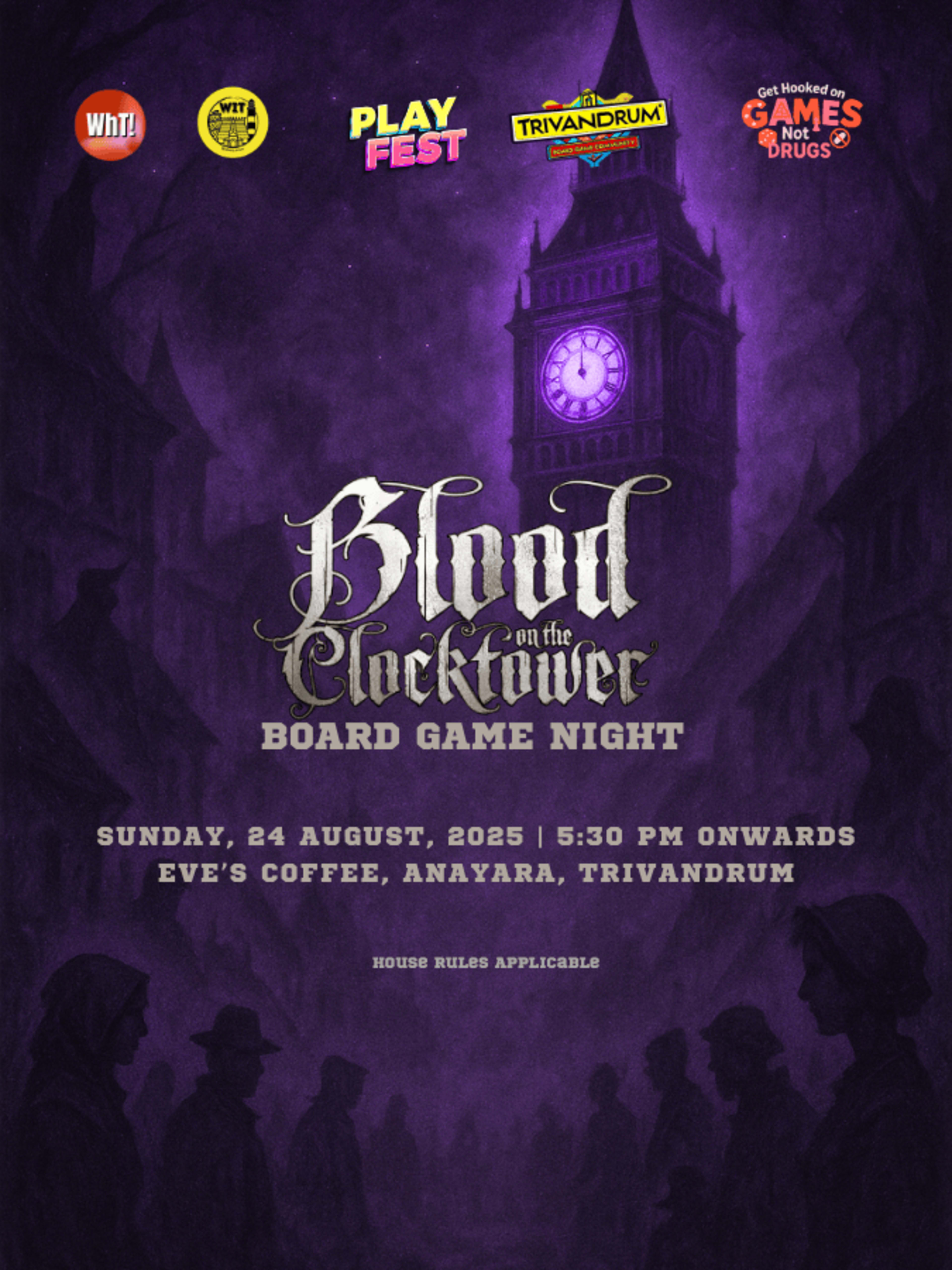BLOOD ON THE CLOCK TOWER BOARD GAME NIGHT banner