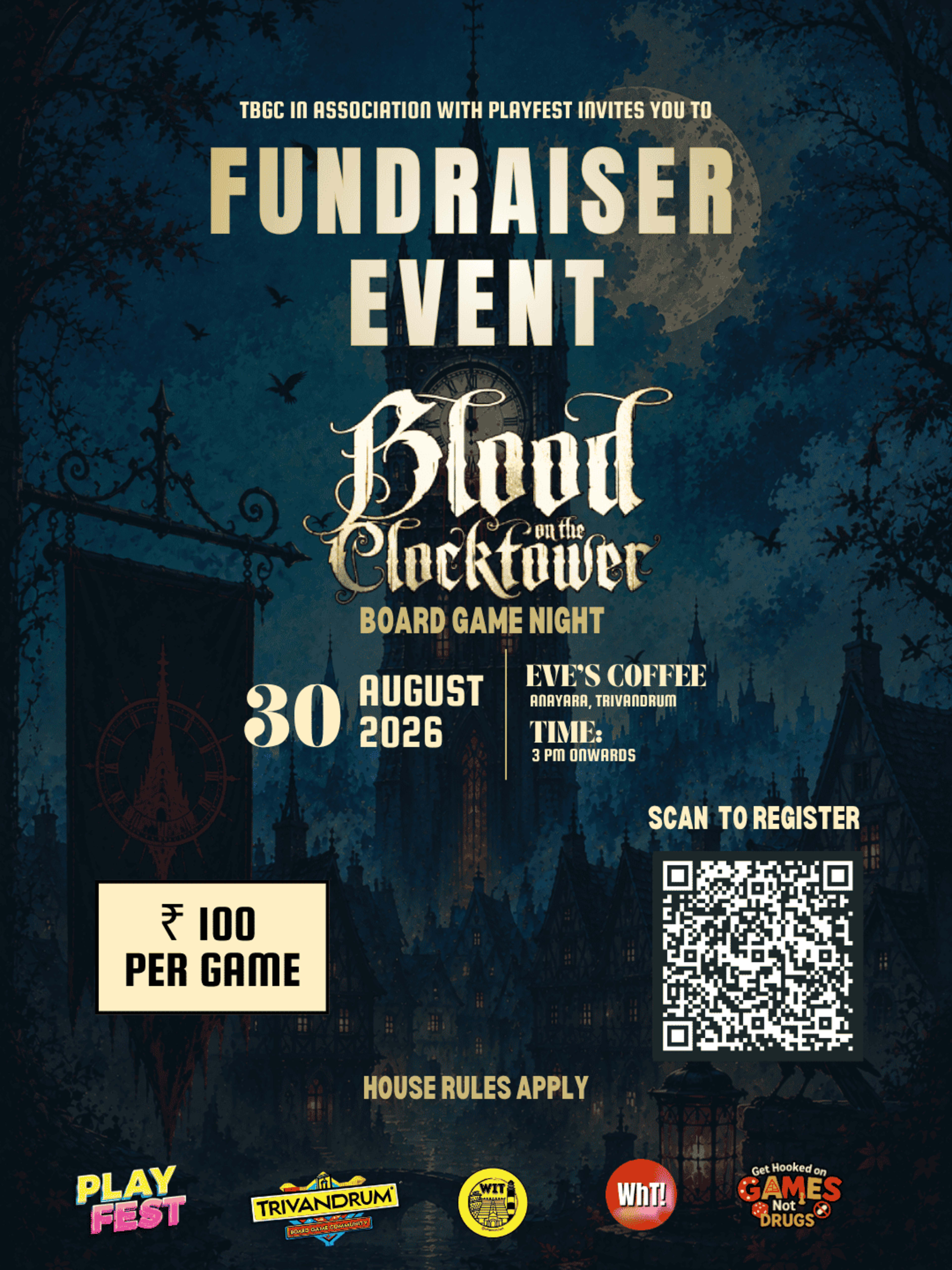 Blood On The Clock Tower Board Game Night banner