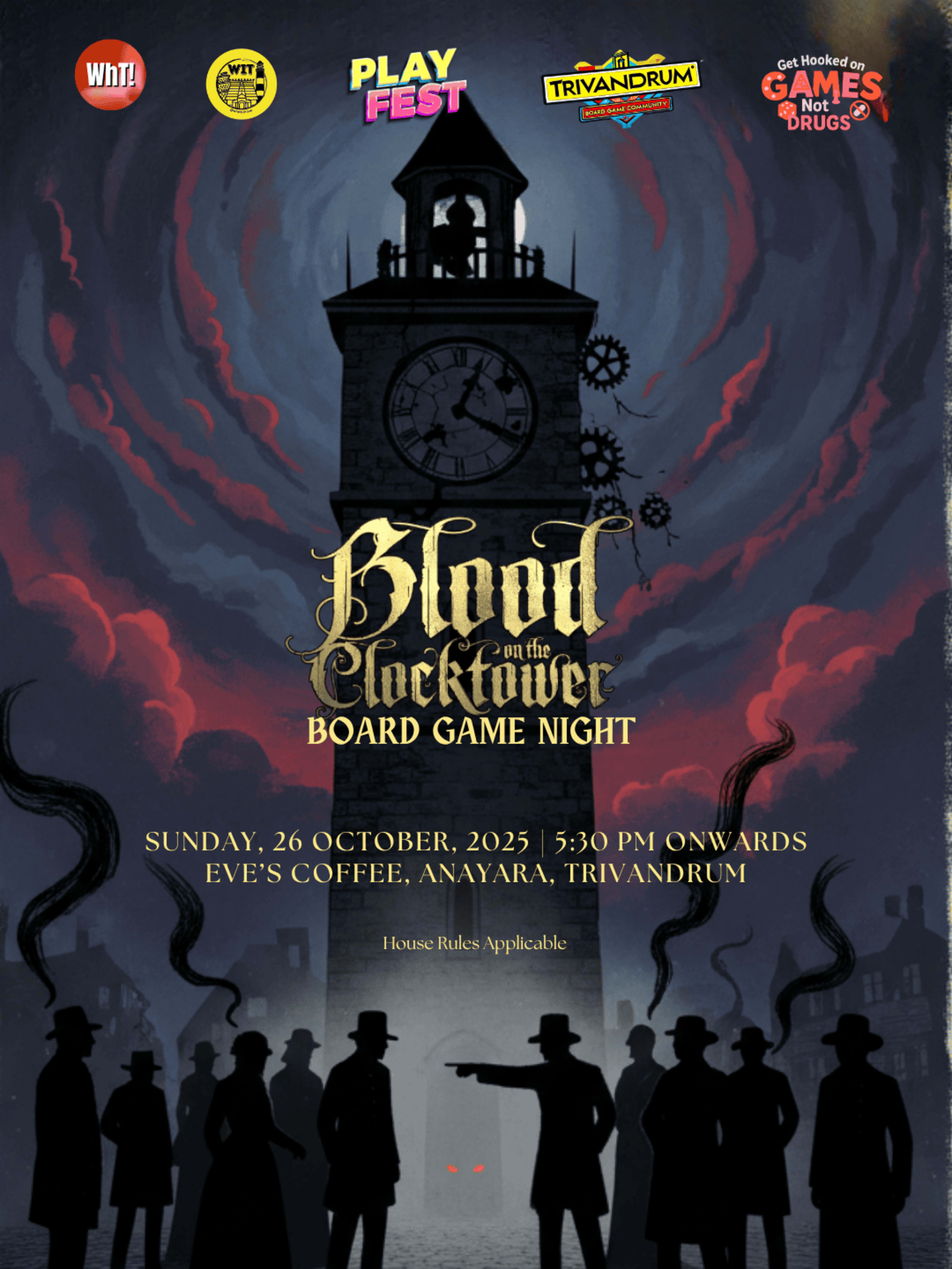 BLOOD ON THE CLOCK TOWER BOARD GAME NIGHT banner