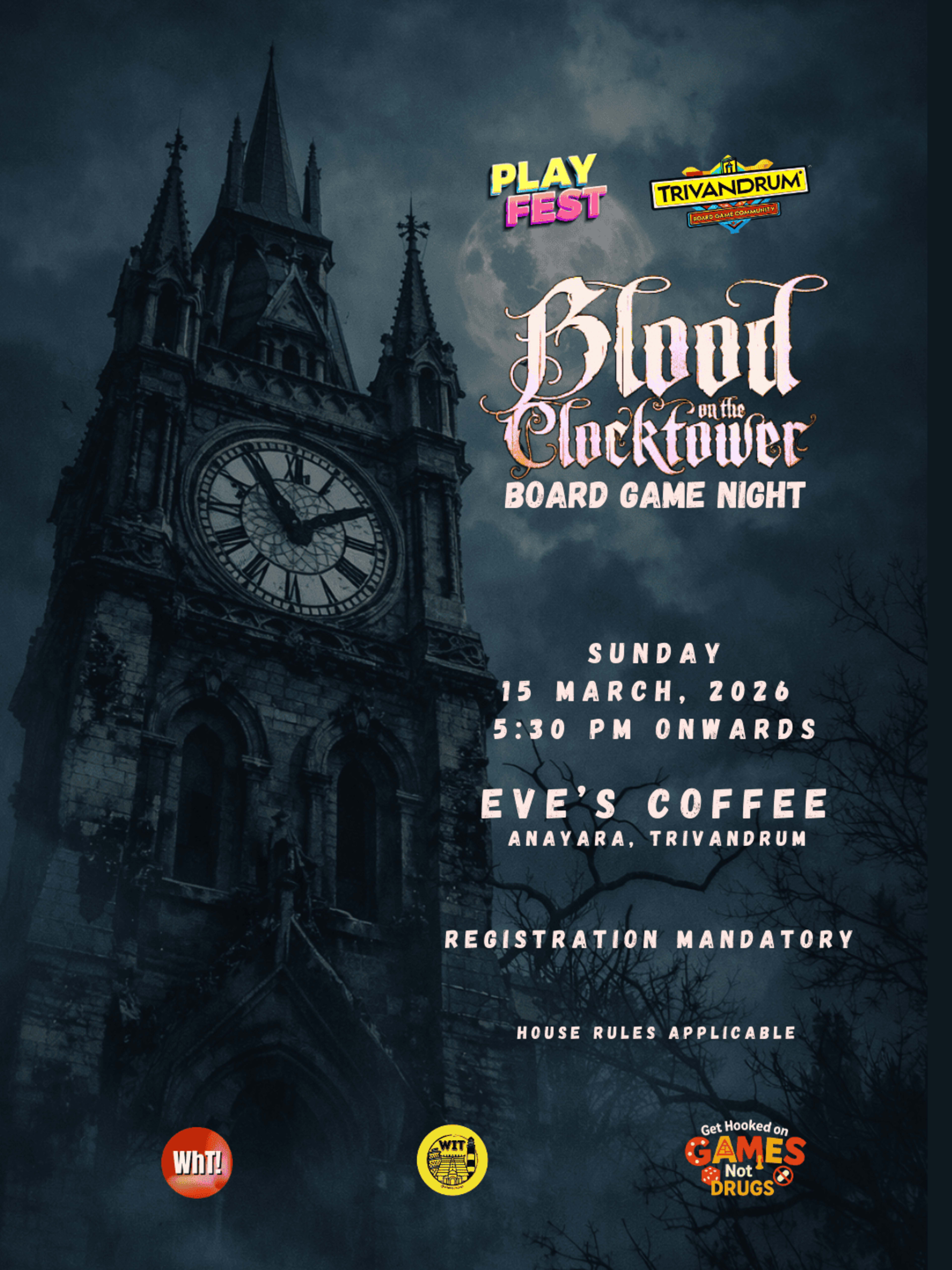 BLOOD ON THE CLOCK TOWER BOARD GAME NIGHT banner