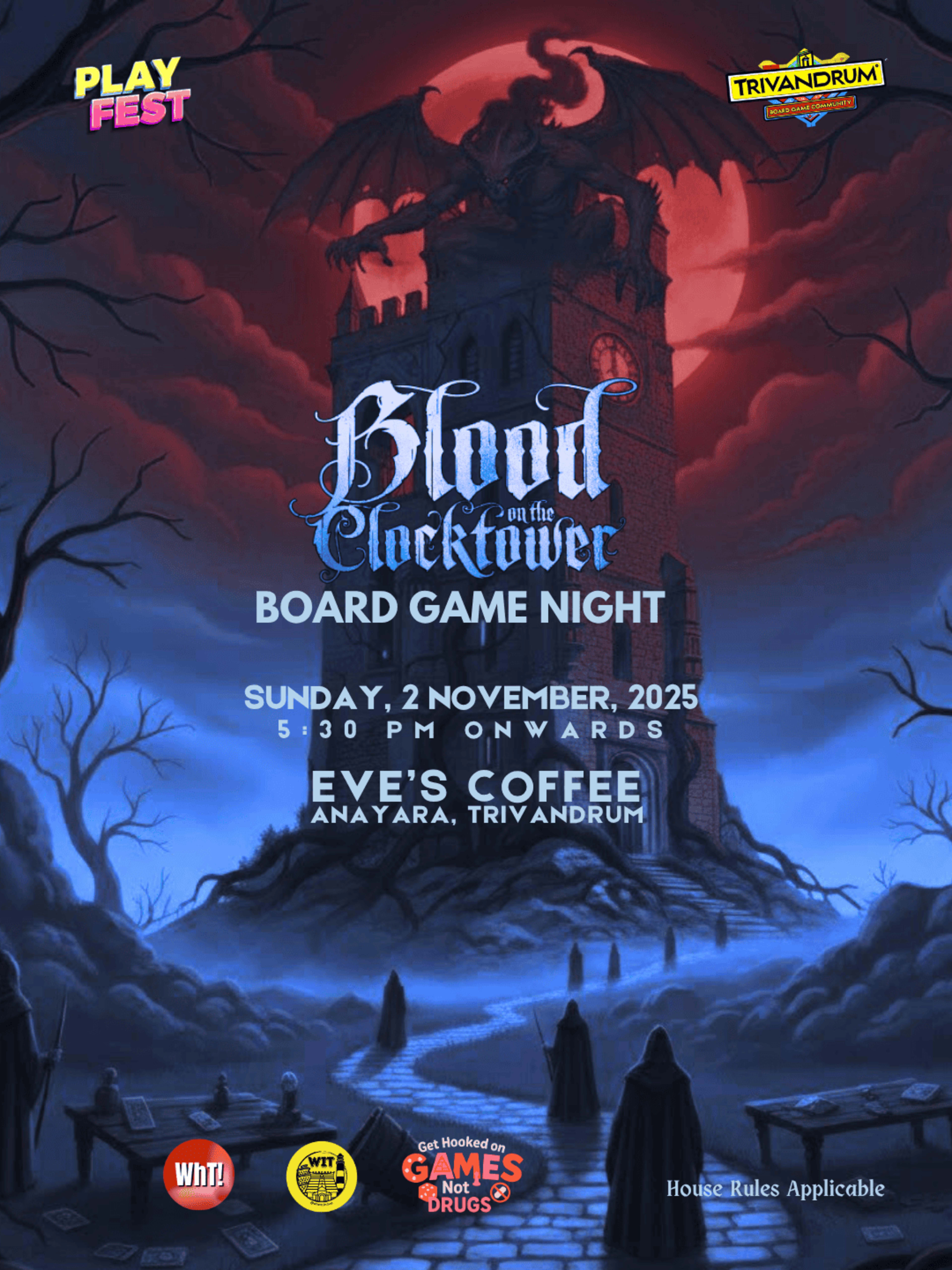 BLOOD ON THE CLOCK TOWER BOARD GAME NIGHT banner