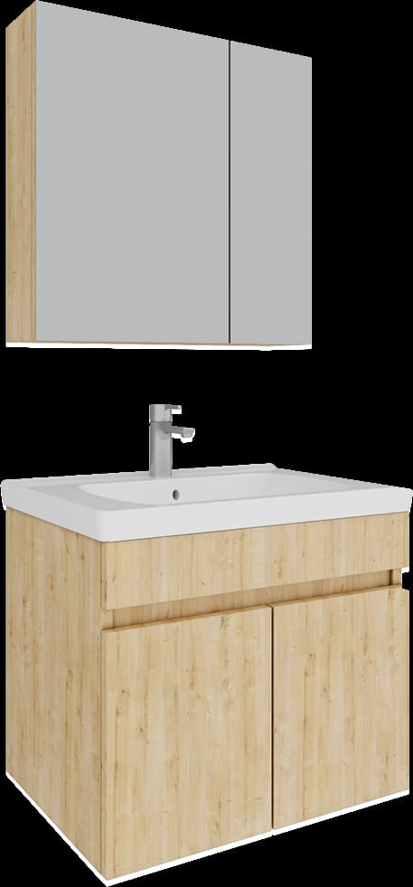 Meşe Desenli Banyo Dolabı — Aynalı Üst Dolaplı Takım