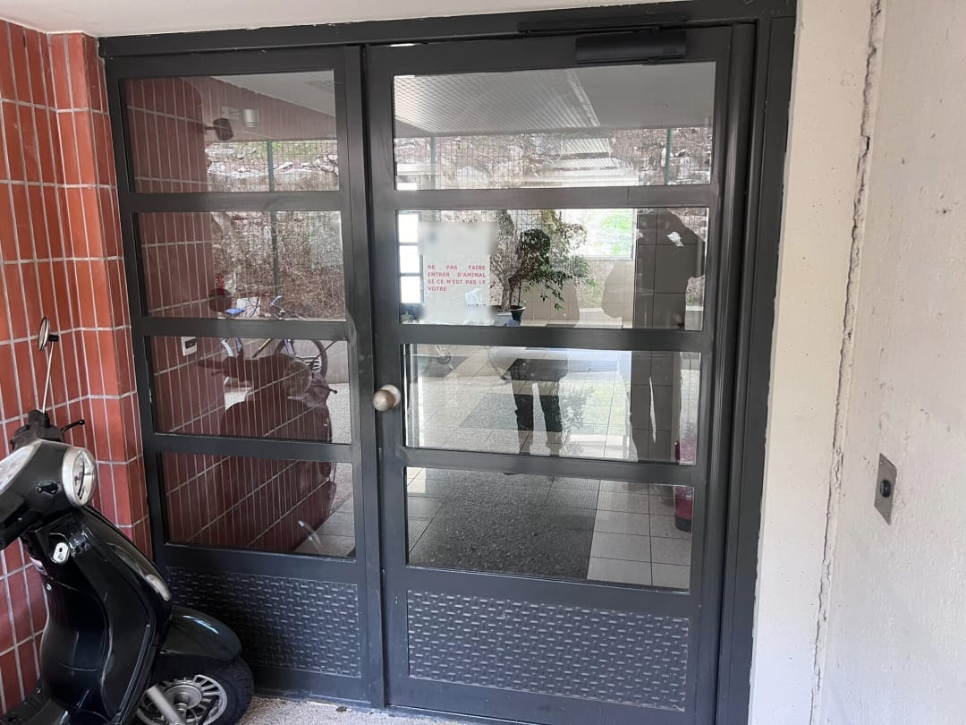 Porte de hall d’immeuble vitrée à deux vantaux, cadre gris anthracite