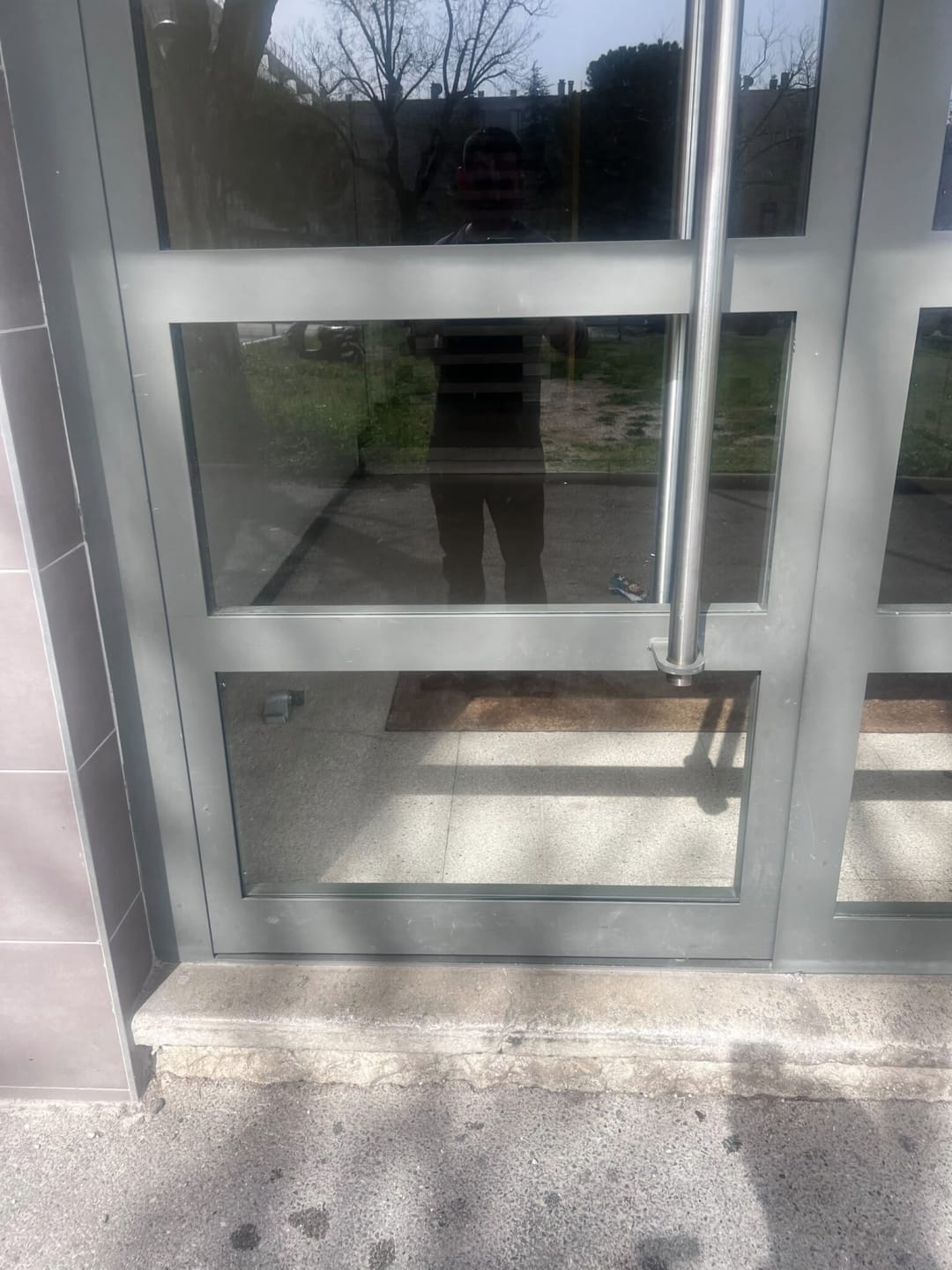 Porte de hall d’immeuble vitrée avec poignée bâton en inox