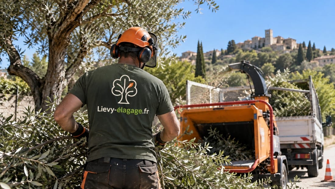 Illustration : un élagueur de dos, casque et protections, devant un broyeur de branches et un camion-benne
