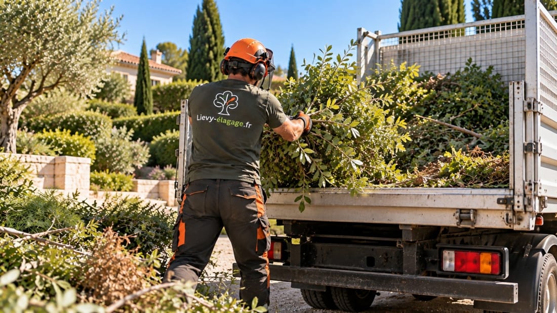 Illustration : un élagueur de dos charge des branches coupées dans la benne d’un camion, devant un jardin de Provence