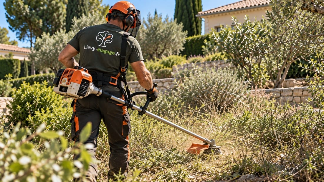 Illustration : un élagueur de dos débroussaille à la débroussailleuse un talus de garrigue, dans un jardin de Provence
