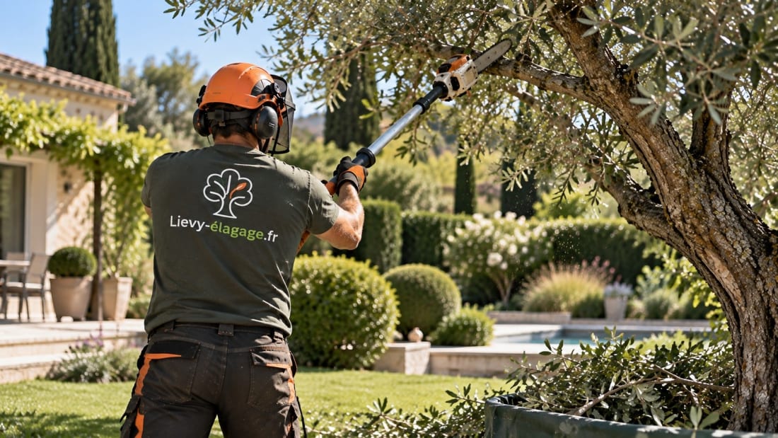 Illustration : un élagueur de dos taille un olivier à la perche élagueuse, dans un jardin de Provence