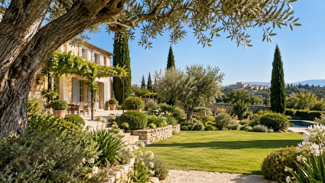 Illustration : jardin de Provence entretenu, avec un olivier, des cyprès et un mas en pierre
