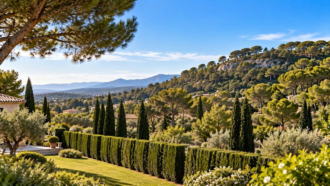 Illustration : jardin de Provence avec haies de cyprès, au pied de collines couvertes de pins