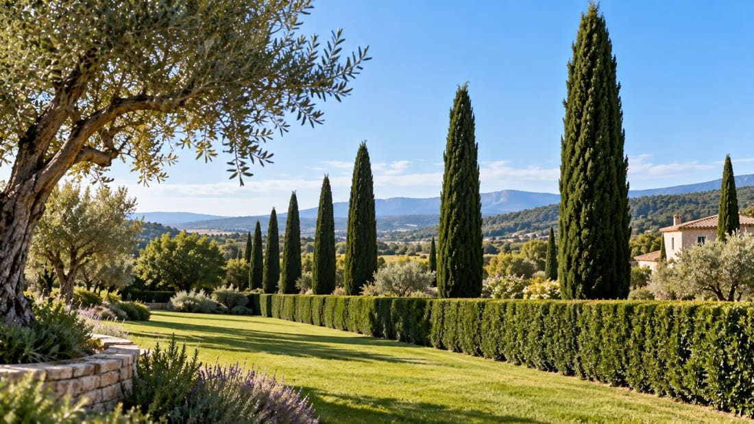 Illustration : jardin de Provence bordé de haies et de grands cyprès, face à la plaine et aux collines