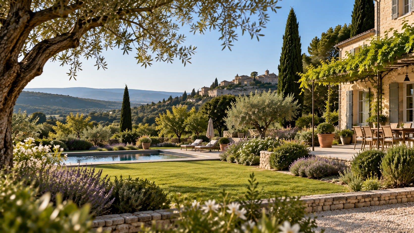 Illustration : jardin de Provence avec oliviers, cyprès et pelouse, devant un village perché