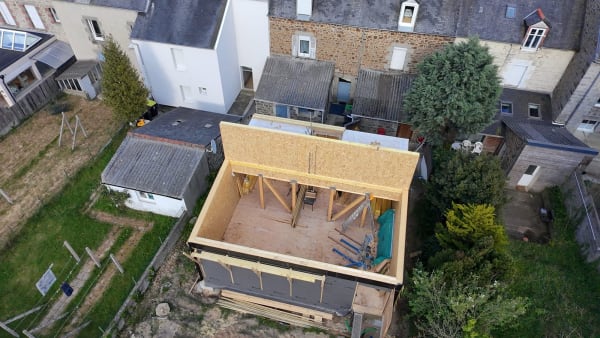 Maison ossature bois - Murs levés, vue aérienne