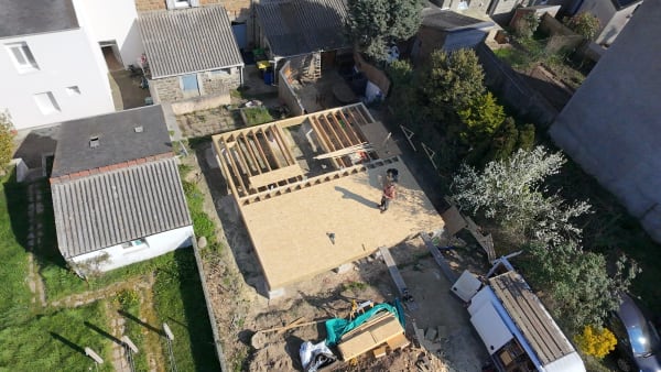 Maison ossature bois - Pose du plancher, vue aérienne