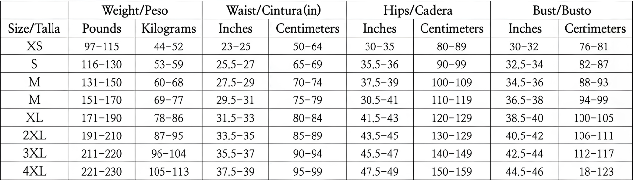 High-compression faja size chart XS to 4XL waist hips bust measurements Colombian shapewear