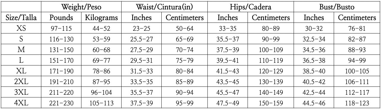 Silueta Esencial size chart XS to 4XL waist hips bust measurements