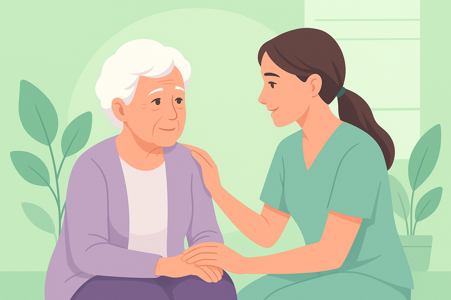 Illustration représentant une femme âgée et un aidant