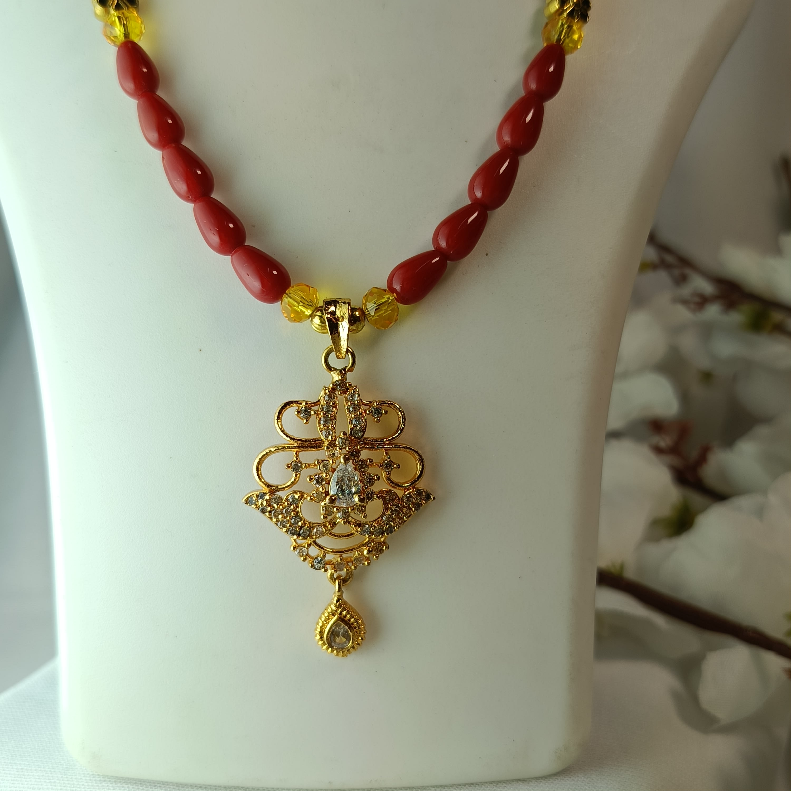 Coral With Crystal - Necklace by Vijos Creations